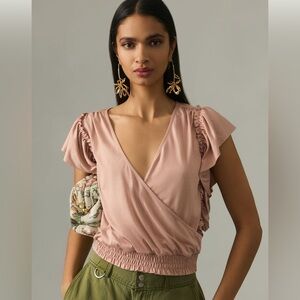 Anthropologie Pink Ruffle Sleeve Faux Wrap Top